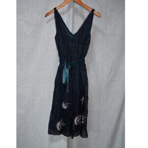 Rebecca Taylor Silk Embroidered Midi Dress Size 4 Navy Sheer Overlay Belted